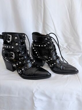 Sam Edelman Black Studded Lace-Up Pointed Ankle Boots